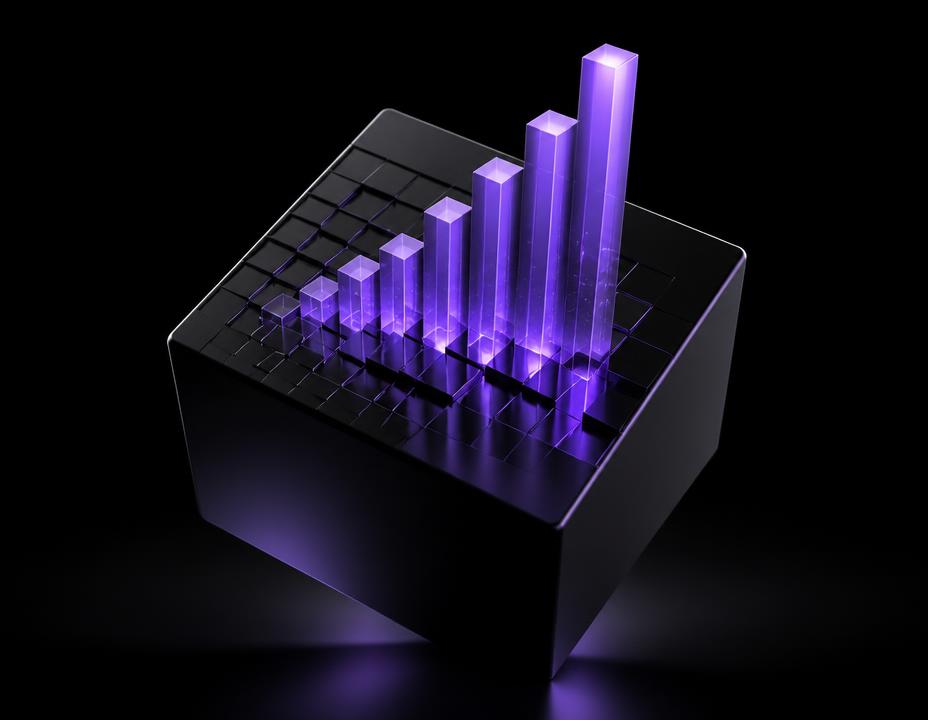 Dark cube with glowing purple bar chart